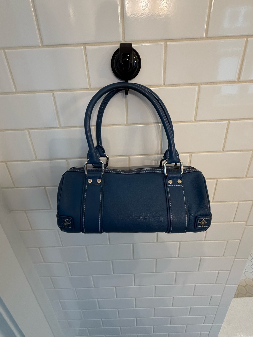 MCM Navy Blue Leather Barrel Shoulder Bag with Silver Hardware - Picture 3 of 6